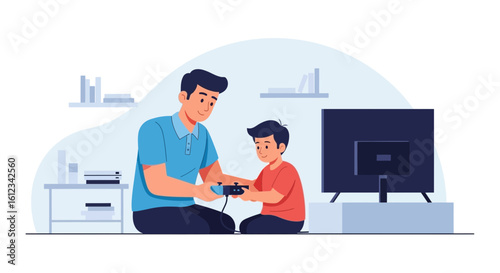 Cheerful Father And Son Enjoying Video Games Together At Home Inside The Living Room