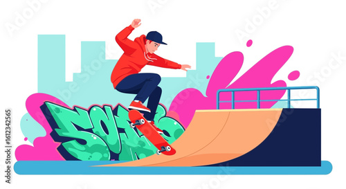 Dynamic Skateboarder Performing Trick On Skatepark Ramp With Graffiti Background