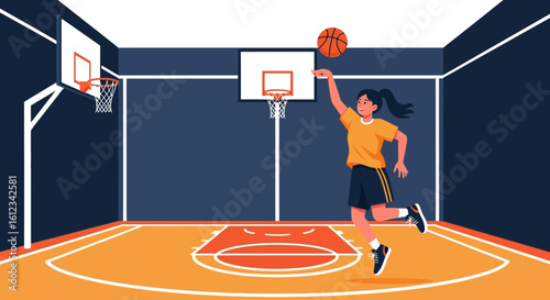 Dynamic Female Basketball Player Shooting in Indoor Court Illustration