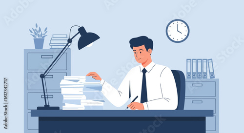 Efficient Employee Works with Paperwork in An Office Environment for Professional Business