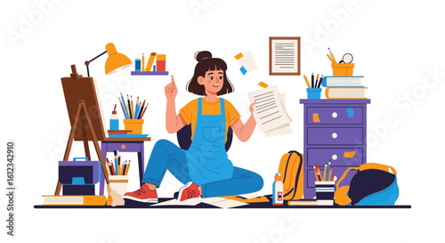 Creative Inspiration Artist With Paperwork And Supplies In Her Studio