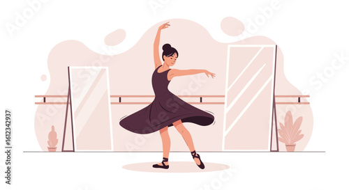 Elegant Ballerina Practicing Classic Dance Moves In A Studio With Mirrors