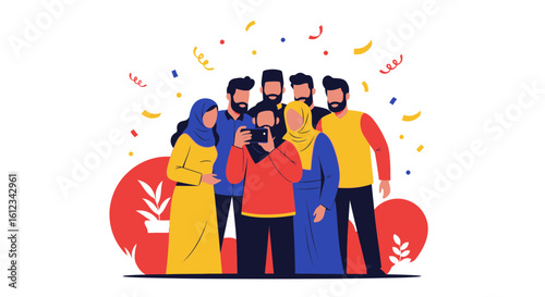 Cheerful Muslim Friends Taking Selfie Photo Celebrating Event Together