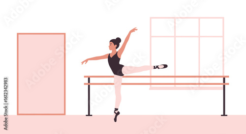 Elegant ballet dancer performing arabesque position in a minimalist studio with bar