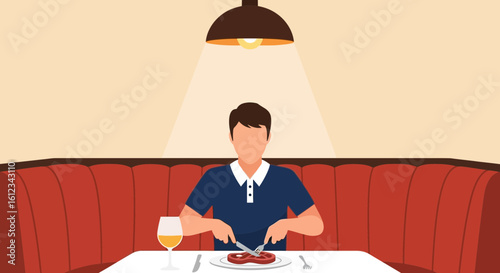 Elegant Dinner In A Retro Restaurant With Wine And Savoring Steak