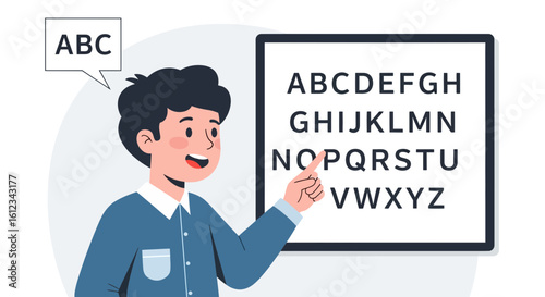 Cheerful Tutor Explaining Alphabet During Linguistics Lesson In Elementary School