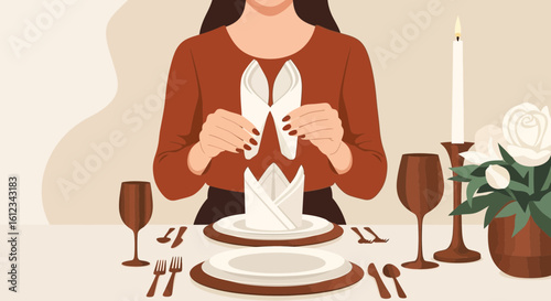 Elegant Dinner Table Setting With Napkin Folds Preparation For Hosting Guest