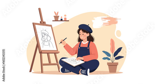 Creative Woman Drawing Portrait Sketch on Canvas Easel Indoors In Her Studio