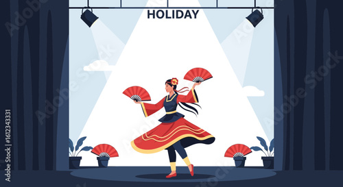 Elegant Holiday Performance Showcasing Radiant Fan Dance on Stage Setting