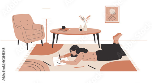 Creative Woman Enjoying Artistic Expression While Lying on a Colorful Rug