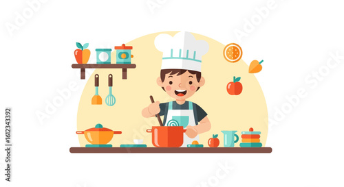 Cheerful Young Chef Preparing Food In The Kitchen With Fresh Ingredients