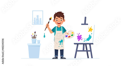 Creative Young Artist Joyfully Painting Colorful Splatters On Canvas At Home