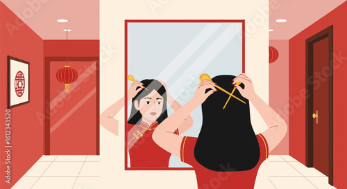 Elegant Woman Adorning Hair For Traditional Celebration Preparing To Go Out