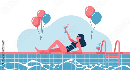Elegant Woman Celebrating Summer Party by Pool Sipping Drink with Balloons