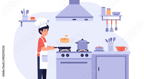 Chef Prepares Tasty Pancakes in Modern Kitchen with Utensils and Appliances