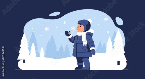 Child Captivated By Gently Falling Snowflakes On A Cold Winter Season Day