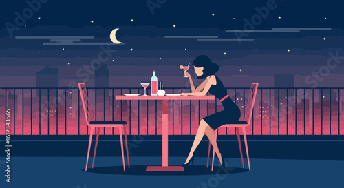 Elegant Woman Enjoying Evening Cocktail Overlooking City Skyline Under Starry Night