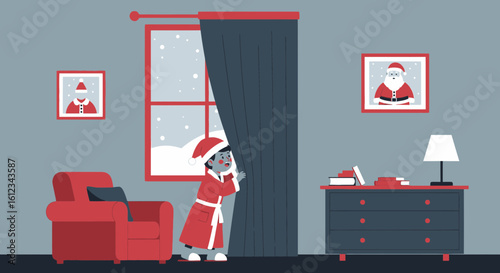 Child Dressed in a Santa Costume Pondering a Snowy Landscape by the Window