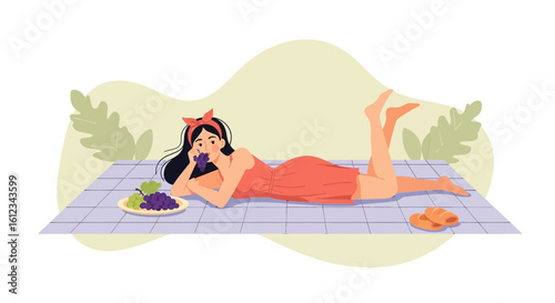 Elegant Woman Enjoying Refreshing Grapes In Outdoors Setting With Blissful Relaxation