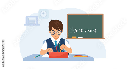 Elementary Student Preparing For Class With Pencils In Class Room Scene