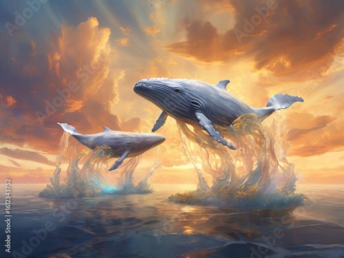 Two whales jumping in the sea with sunset light 