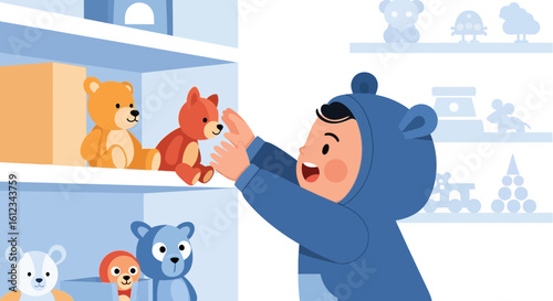 Enchanting Childhood: A Boy Reaches for a Teddy Bear on a Shelf Full of Toys