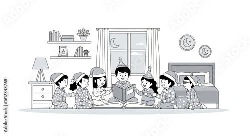 Enchanting Bedtime Story Children Reading Together In Pajamas Line Art Style
