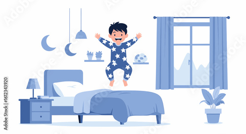 Energetic boy jumps happily on bed in bedroom with playful and cheerful vibe