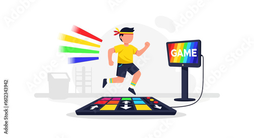 Energetic Boy Playing Dance Game On Colorful Electronic Pad Having Fun