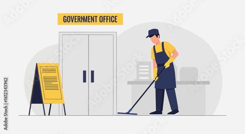 Custodian Mopping Government Office Floor Ensuring Cleanliness And Hygiene Standards