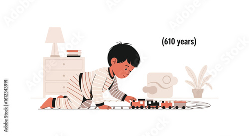 Child's Playful Imagination A Young Boy Enjoys Toy Train in Bedroom Setting
