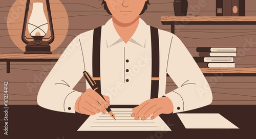 Classic Author At His Desk Writing In An Old-Fashioned Office