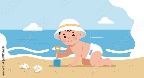 Cute baby playing with a shovel on the beach illustration design in summertime vacation holiday with sea ocean sky clouds
