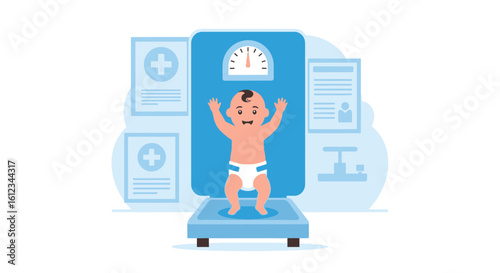 Cute baby standing on a weight scale, symbolizing health and growth monitoring during pediatric checkups