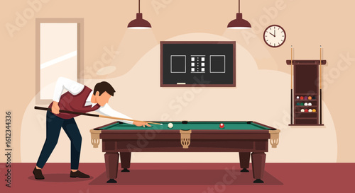 Concentrated Man Playing Billiards Game at Indoor Establishment Facility