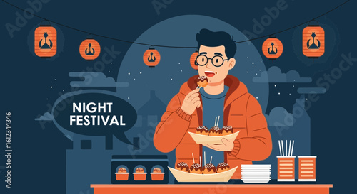 Enjoying Traditional Japanese Street Food During An Atmospheric Night Festival