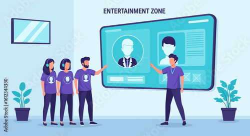 Entertainment zone vector illustration showcasing a team interacting with large interface screens and avatars