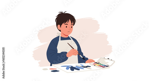 Concentrated Young Artist Engaged In Painting With Watercolor On Paper Illustration