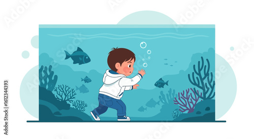 Enthralled Boy Watching Fish Tank With Fascination And Wonder Discovering Underwater World
