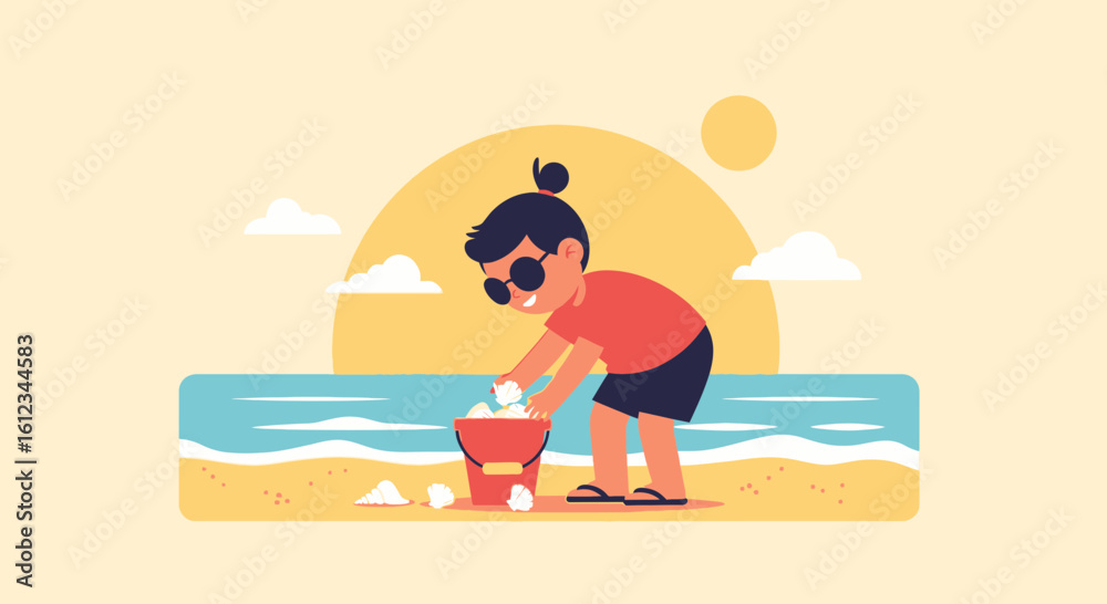 Fototapeta premium Cute cartoon illustration of a kid playing with sand at the beach during summer vacation