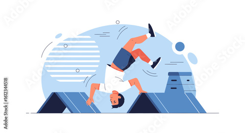 Conceptual illustration of a man performing a handstand on obstacle course hurdles for fitness and sport