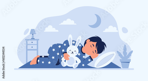 Cute boy sleeping with bunny, cartoon illustration for bedtime stories and sleep concepts, cozy pajama with stars