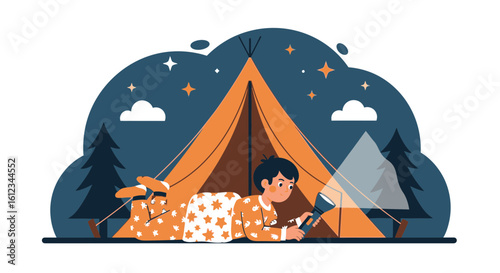 Enthusiastic Child Exploring Tent With Flashlight During Night Adventure