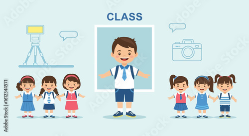 Cute cartoon illustration depicting a class of elementary school children together