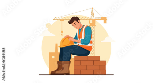 Construction Worker Resting After Hard Work Day On Construction Site