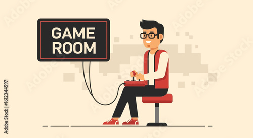Enthusiastic Gamer Immersed In Virtual World Within Nostalgic Game Room Setup