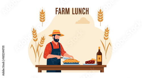 Countryside Afternoon: A Farmer Prepares Pie Amidst Golden Wheat Fields