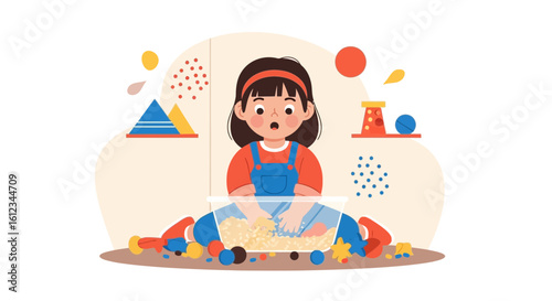 Cute Girl Playing With Sensory Bin And Geometric Toys At Home