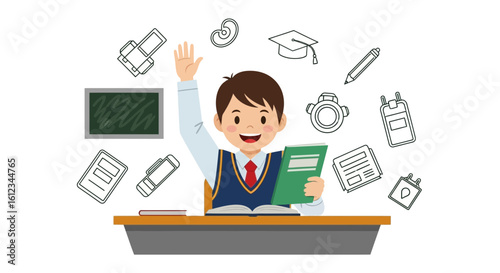 Enthusiastic Student Answering Question Surrounded By Educational Icons And School Objects