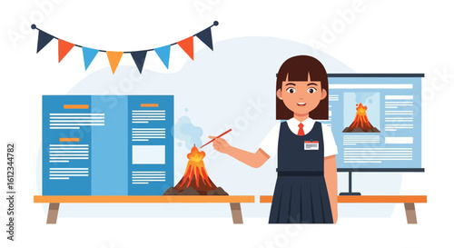 Enthusiastic Student Demonstrating Science Project About Volcanic Eruptions and Geology